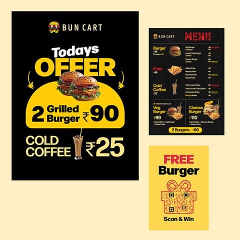 Bun Cart offer poster, menu and scan-and-win QR card designed by Aveera Design Solutions