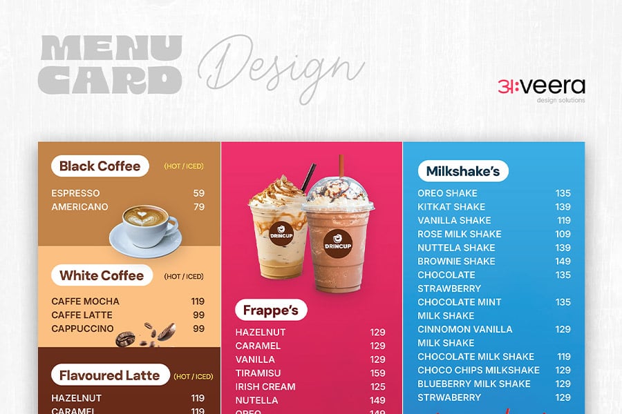 Drincup coffee shop menu card with colour-blocked drink categories, designed and printed by Aveera Design Solutions