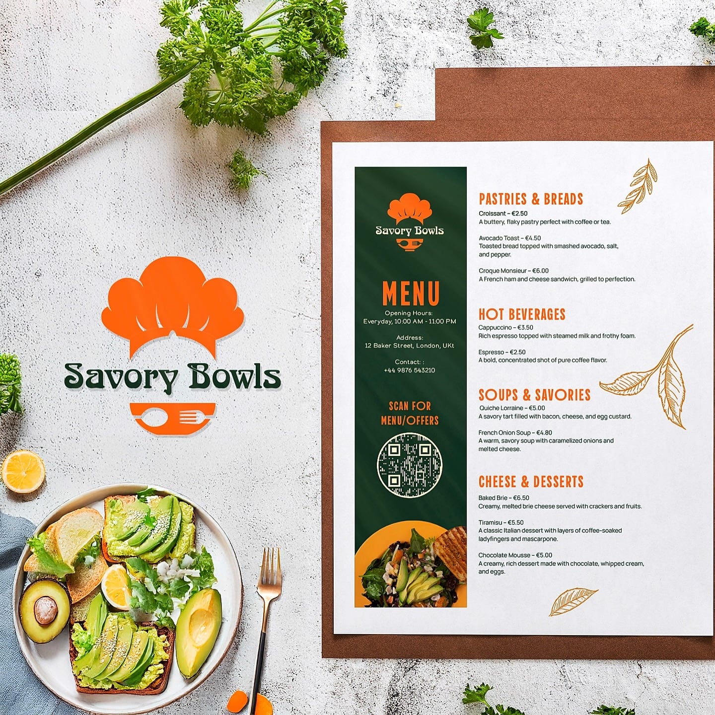 Savory Bowls A4 restaurant menu and logo designed by Aveera Design Solutions for a London venue