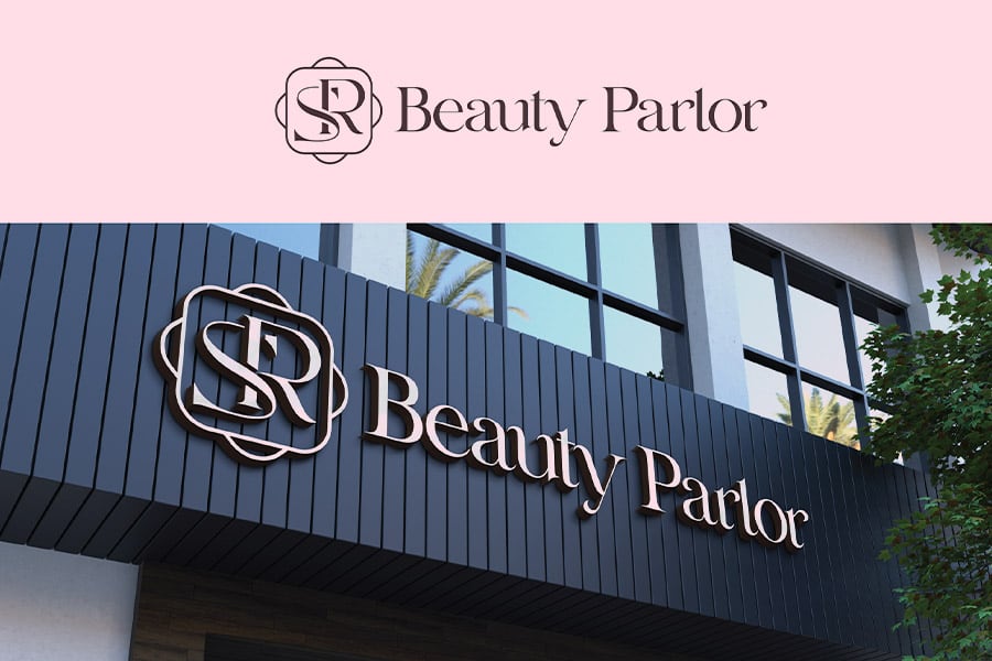SR Beauty Parlor monogram logo and exterior fascia signage designed by Aveera Design Solutions