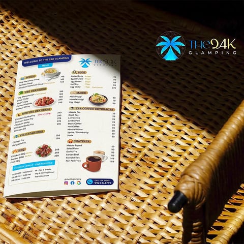 The 24K Glamping bi-fold resort menu card with meal-time schedule, designed by Aveera Design Solutions