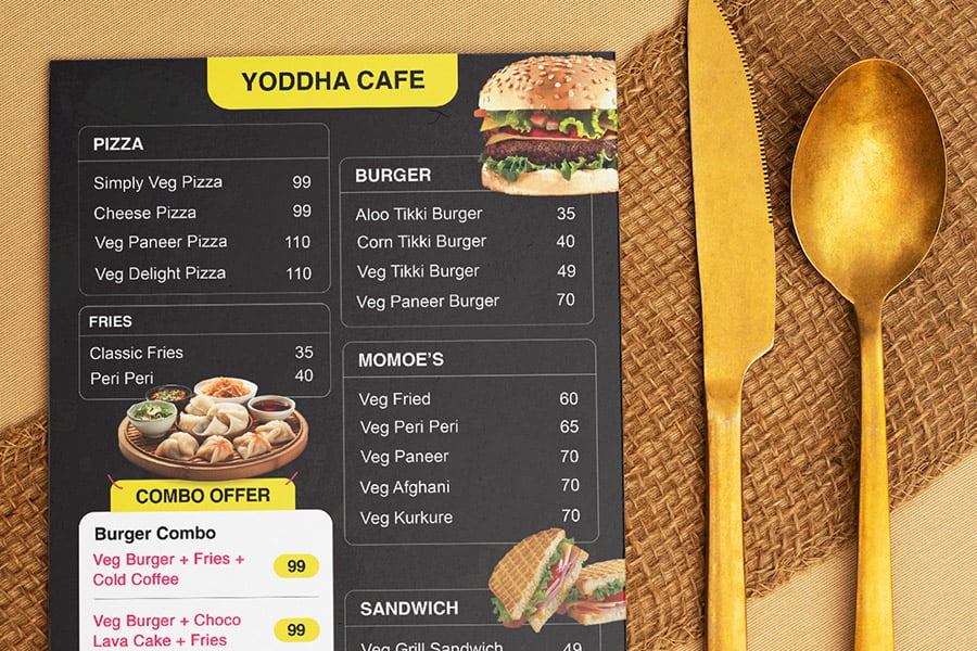 Yoddha Cafe menu card with boxed categories and a combo offer panel, designed by Aveera Design Solutions